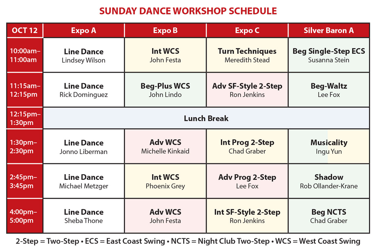 Sunday dance workshop schedule. Click on schedule for printable and screen-readable pdf.