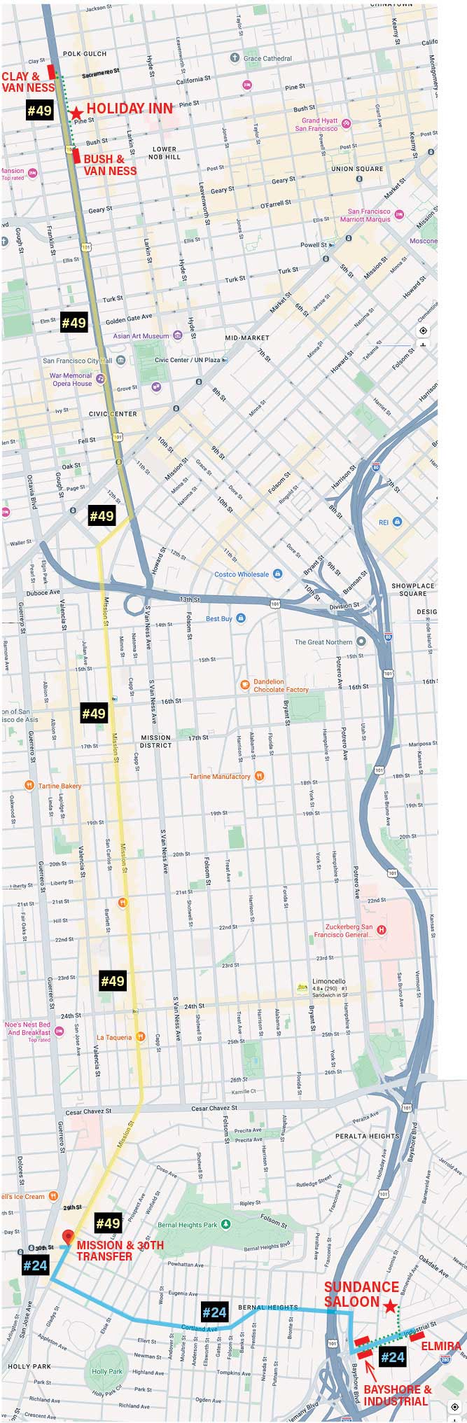 MUNI map - Holiday Inn to Sundance Saloon
